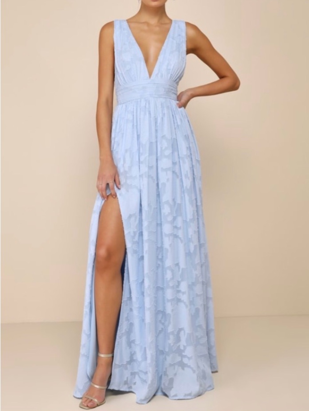 Lulu's Powder Blue Plunge V-Neck Maxi Dress with Side Slit